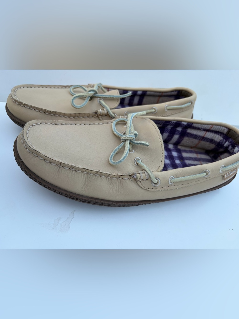 L.L. Bean Beige Leather Boat Shoes with Plaid Lining